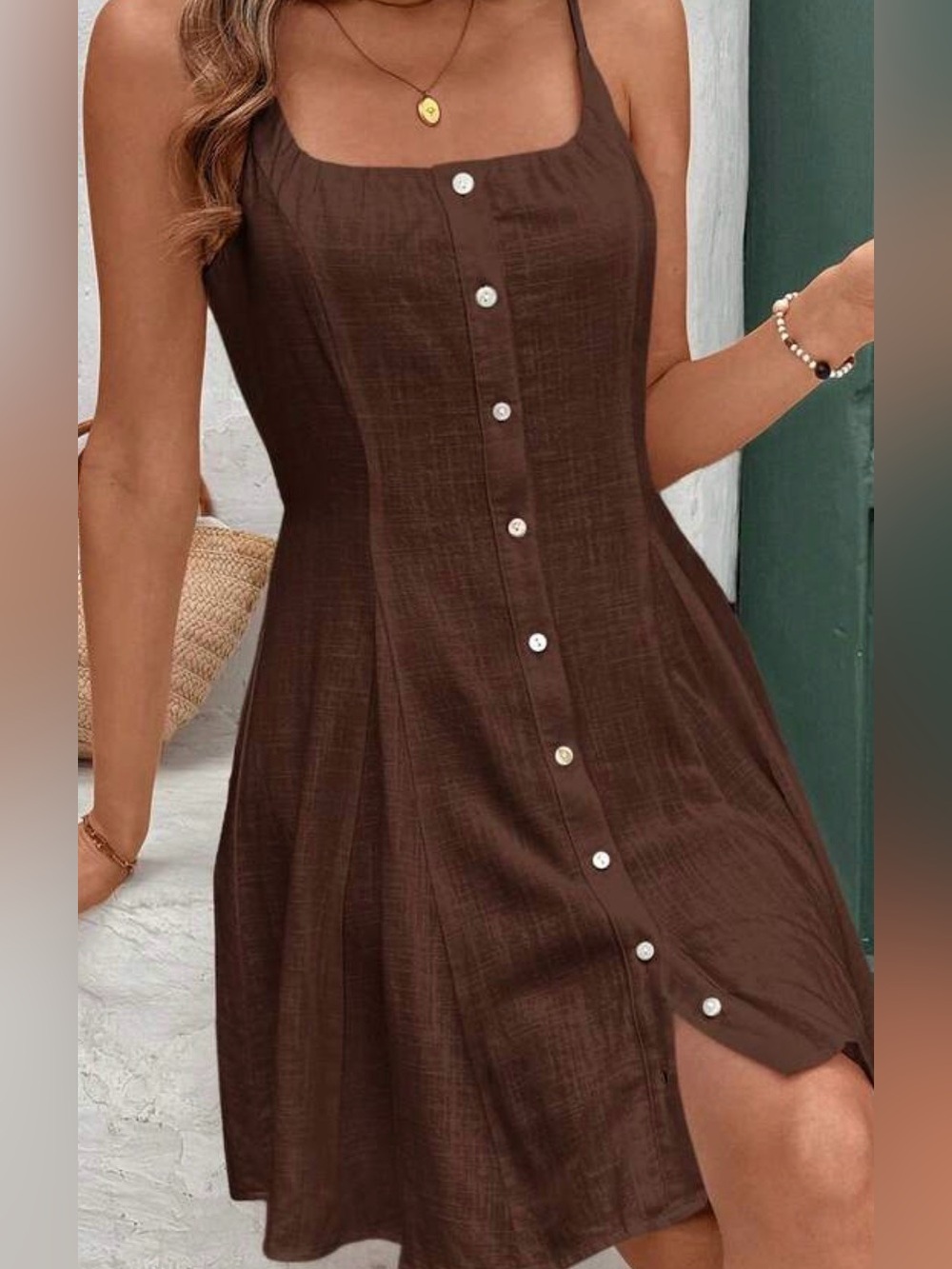 Sleeveless Button-Front Brown Summer Dress
